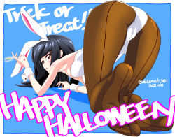 Rule 34 | 1girl, all fours, animal ears, ass, text background, black hair, brown eyes, brown pantyhose, cameltoe, commentary, dated, datemaki 360, english text, fake animal ears, from behind, girls und panzer, halloween, halloween costume, happy halloween, holding, holding syringe, leotard, looking at viewer, looking back, open mouth, pantyhose, playboy bunny, rabbit ears, reizei mako, soles, solo, strapless, strapless leotard, syringe, trick or treat, twitter username, white leotard, wrist cuffs