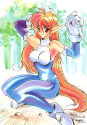 Rule 34 | boots, fang, galaxy fight, gloves, highres, long hair, orange hair, pantyhose, pointy ears, red eyes, roomi, spandex, traditional media