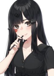 Rule 34 | 1girl, adeline (girls&#039; frontline), black hair, black nails, black skirt, blunt bangs, breasts, brown eyes, buttons, cleavage, commentary, facial mark, girls&#039; frontline, hair ornament, highres, holding, holding pen, long hair, looking at viewer, medium breasts, nyto (girls&#039; frontline), pen, ravenpulse, simple background, skirt, smile, solo, upper body, white background