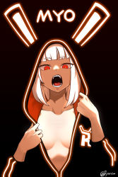 Rule 34 | 1girl, absurdres, animal hood, breasts, cleavage, collarbone, highres, hood, jacket, lobotomy corporation, logo, looking at viewer, myo (project moon), naked jacket, neon trim, open mouth, partially unzipped, project moon, rabbit hood, red eyes, solo, teeth, upper body, white hair, yaritoo