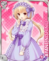 Rule 34 | 1girl, blonde hair, bow, card, character name, dress, flower, frilled dress, frills, girlfriend (kari), hair ornament, headband, long hair, nishino ayane, official art, open mouth, pink background, purple bow, purple dress, qp:flapper, red eyes, smile, solo, tagme