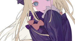 Rule 34 | 1girl, abigail williams (fate), blonde hair, blue eyes, bow, commentary request, covering own mouth, dress, fate/grand order, fate (series), hand over own mouth, hand up, head tilt, long hair, looking at viewer, orange bow, purple bow, purple dress, simple background, sleeves past fingers, sleeves past wrists, smile, solo, white neckwear, yamakawa