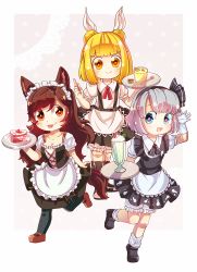 Rule 34 | 3girls, absurdres, alternate costume, animal ears, apron, blonde hair, blue eyes, brown hair, cake, cake slice, chibi, dessert, drink, drinking straw, dungeon toaster, enmaided, food, glass, gloves, grey hair, hair ornament, highres, holding, holding food, huge filesize, ice cream, imaizumi kagerou, joutouguu mayumi, konpaku youmu, long hair, looking at viewer, maid, maid apron, maid headdress, milkshake, multiple girls, open mouth, pudding, red eyes, self-upload, simple background, spoon, standing, standing on one leg, tail, tongue, tongue out, touhou, wolf ears, wolf girl, wolf tail, yellow eyes