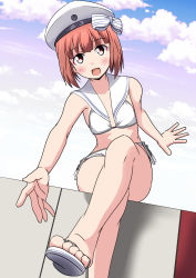 Rule 34 | 10s, 1girl, bikini, blush, cloud, day, eyebrows, hat, highres, kantai collection, open mouth, outdoors, red eyes, red hair, short hair, sitting, sky, solo, swimsuit, z3 max schultz (kancolle)