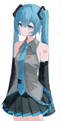 Rule 34 | 1girl, bad id, bad pixiv id, black skirt, black sleeves, blue eyes, blue hair, blue necktie, breasts, closed mouth, collared shirt, detached sleeves, grey shirt, hair between eyes, hatsune miku, highres, long hair, long sleeves, necktie, pleated skirt, shirt, simple background, skirt, sleeveless, sleeveless shirt, sleeves past fingers, sleeves past wrists, small breasts, solo, suashi, tie clip, twintails, very long hair, vocaloid, white background, wide sleeves