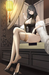 Rule 34 | 1girl, absurdres, azur lane, black footwear, blush, breasts, brown dress, charybdis (azur lane), charybdis (red chamber of healing) (azur lane), cleavage, crossed legs, dido (magicc), dress, feather boa, from below, full body, grey eyes, grey hair, high heels, highres, large breasts, leotard, leotard under clothes, long hair, looking at viewer, mimikaki, nail polish, official alternate costume, on bed, patent heels, pelvic curtain, pumps, red nails, shoes, sitting, solo, stiletto heels, thighhighs, thighs, toenail polish, toenails, unworn shoe, unworn shoes, white thighhighs, wooden floor