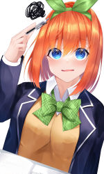 Rule 34 | 1girl, @ @, absurdres, arm up, blue eyes, blue jacket, bow, breasts, collared shirt, commentary request, dutch angle, go-toubun no hanayome, green bow, green ribbon, hair between eyes, hair ribbon, highres, holding, holding pencil, jacket, long sleeves, looking at viewer, medium breasts, nakano yotsuba, open clothes, open jacket, orange hair, pencil, ribbon, shirt, simple background, sleeves past wrists, solo, squiggle, suisen-21, sweater vest, upper body, white background, white shirt