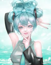 Rule 34 | 1girl, 1nonly2021, absurdres, aqua background, aqua eyes, blue hair, blue nails, bow, breasts, cinnamiku, detached sleeves, hair bow, hair up, hand on own face, hatsune miku, highres, korean commentary, lips, medium breasts, nail polish, pink lips, shirt, simple background, sleeveless, sleeveless shirt, solo, twintails, upper body, v, vocaloid