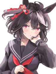 Rule 34 | 1girl, :o, absurdres, ahoge, alternate costume, animal ears, black hair, black sailor collar, black serafuku, black shirt, blush, commentary request, double-parted bangs, floating hair, hair between eyes, hair ornament, hair ribbon, hand on own face, hand up, highres, horse ears, horse girl, kitasan black (umamusume), long sleeves, looking to the side, multicolored hair, neckerchief, open mouth, puffy long sleeves, puffy sleeves, red eyes, red neckerchief, red ribbon, ribbon, sailor collar, school uniform, serafuku, shirt, short hair, simple background, solo, streaked hair, tsurubami (gaad5227), two side up, umamusume, upper body, white background, white hair