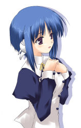 Rule 34 | 00s, 1girl, :d, android, blue hair, blush, buttons, hands on own chest, ilfa (to heart), looking away, open mouth, own hands together, parted bangs, profile, purple eyes, ribbon, robot ears, shadow, shirt, short hair, sidelocks, simple background, smile, solo, to heart (series), to heart 2, turtleneck, upper body, white background