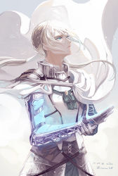 Rule 34 | 1boy, armor, bedivere (fate), blonde hair, braid, breastplate, cape, closed mouth, dated, fate/grand order, fate (series), gauntlets, green eyes, knight, long hair, looking up, male focus, ponytail, prosthesis, prosthetic arm, samui128, signature, simple background, solo, twitter username, white background, white cape
