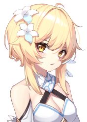 Rule 34 | 1girl, absurdres, blonde hair, blush, breasts, cleavage, dress, flower, genshin impact, hair flower, hair ornament, highres, iznal, looking at viewer, lumine (genshin impact), medium breasts, parted lips, portrait, scarf, simple background, solo, white background, white dress, white flower, white scarf, yellow eyes