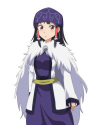 Rule 34 | 1girl, ainu clothes, alternate costume, alternate eye color, arms at sides, asirpa, asirpa (cosplay), black hair, blue dress, brooch, cape, cato (monocatienus), coat, commentary request, cosplay, cowboy shot, dress, earrings, fur cape, golden kamuy, hair tubes, hakurei reimu, head scarf, hoop earrings, jewelry, long hair, long sleeves, looking at viewer, open clothes, open coat, open mouth, purple eyes, sash, sidelocks, simple background, sleeves past wrists, solo, standing, touhou, traditional clothes, tsurime, white background, white coat