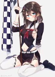 Rule 34 | 1girl, adapted costume, ahoge, black footwear, black gloves, black skirt, blue eyes, blush, boots, braid, breasts, brown hair, closed mouth, fingerless gloves, flag, full body, gloves, grey background, hair between eyes, highres, holding, holding flag, kantai collection, long hair, medium breasts, naoto (tulip), navel, neckerchief, pleated skirt, red neckerchief, shigure (kancolle), shigure kai ni (kancolle), sideboob, simple background, single braid, skirt, sleeves past elbows, solo, thighhighs, white thighhighs