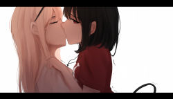 Rule 34 | 2girls, black hair, blonde hair, closed eyes, closed mouth, cross, cross necklace, facing another, hair between eyes, highres, jewelry, kiss, latin cross, letterboxed, long hair, looking away, looking back, multiple girls, necklace, original, profile, red eyes, red shirt, shimmer, shirt, short sleeves, simple background, skull and crossbones, tail, trembling, upper body, white background, white shirt, yuri