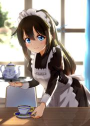 Rule 34 | 1girl, amamiya draw, apron, aqua eyes, artist name, artist request, back bow, black dress, black skirt, blue eyes, blush, bow, breasts, brown hair, chair, cup, dress, female focus, frilled dress, frills, hair between eyes, half updo, high ponytail, highres, holding, holding plate, indoors, long hair, long sleeves, looking at viewer, love live!, love live! nijigasaki high school idol club, maid, maid apron, maid headdress, miniskirt, osaka shizuku, parted lips, plaid, plaid dress, plaid skirt, plate, pleated, pleated dress, pleated skirt, ponytail, puffy long sleeves, puffy sleeves, skirt, smile, solo, table, teacup, teapot, white apron, white bow, white headdress, window