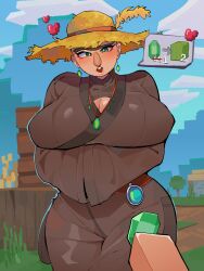 Rule 34 | 1girl, absurdres, blue sky, blush, breasts, brown coat, cleavage, cloud, coat, day, diforland, earrings, feathers, gem, genderswap, green eyes, green gemstone, hat, hat feather, heart, highres, jewelry, large breasts, looking at viewer, minecraft, open mouth, outdoors, pov, pov hands, sky, speech bubble, straw hat, teeth, thick thighs, thighs, trade, unibrow, upper teeth only, villager (minecraft), wide hips, yellow feathers