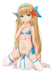 Rule 34 | 1girl, absurdres, ball, bare arms, bare shoulders, bikini, blonde hair, blue bikini, blue eyes, blue ribbon, breasts, closed mouth, collarbone, finger to mouth, flower, front-tie bikini top, front-tie top, hair flower, hair ornament, hair ribbon, hairband, hand up, highres, long hair, looking at viewer, navel, no shoes, original, pussy, qianqiu wanxia, red flower, ribbon, side-tie bikini bottom, simple background, small breasts, smile, solo, stomach, swimsuit, thighhighs, two side up, uncensored, untied bikini, very long hair, white background, white thighhighs