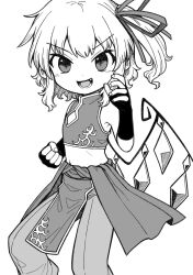 Rule 34 | 1girl, crop top, elbow gloves, fang, fingerless gloves, flandre scarlet, gloves, greyscale, highres, looking at viewer, monochrome, navel, oninamako, open mouth, pants, short ponytail, side ponytail, sleeveless, slit pupils, smile, solo, teeth, tongue, touhou