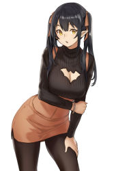 Rule 34 | 1girl, animal cutout, bat cutout, black hair, black pantyhose, bracelet, breasts, cleavage, cleavage cutout, clothing cutout, cowboy shot, elf, elf (houtengeki), hair ribbon, high-waist skirt, highres, houtengeki, jewelry, large breasts, long hair, long sleeves, looking at viewer, orange skirt, original, pantyhose, parted lips, pointy ears, ribbed sweater, ribbon, skirt, solo, sweater, twintails, yellow eyes
