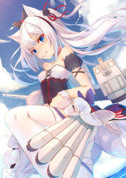 Rule 34 | 1girl, animal ears, azur lane, bare shoulders, blue eyes, blush, cat ears, corset, day, fang, fang out, frown, hairband, hammann (azur lane), highres, long hair, looking at viewer, nose blush, ocean, outdoors, skirt, sky, solo, strapless, tatapopo, thighhighs, two side up, very long hair, water, white hair, white skirt, white thighhighs, wrist cuffs