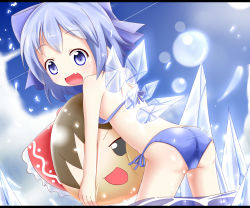 Rule 34 | 1girl, :d, ass, bare arms, bare shoulders, bikini, blue bikini, blue bow, blue eyes, blue hair, blue sky, blush, bow, cirno, commentary request, day, fang, hair bow, hakurei reimu, highres, holding, ice, ice wings, leaning forward, looking at viewer, looking back, makuran, open mouth, outdoors, shoulder blades, side-tie bikini bottom, sky, smile, solo, sunlight, swimsuit, touhou, wading, water, wings, yukkuri shiteitte ne