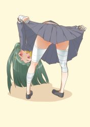 Rule 34 | 1girl, bandaged fingers, bandaged hand, bandaged leg, bandages, bent over, blue serafuku, blue skirt, blunt bangs, blunt ends, blush, clothes lift, from behind, full body, green hair, highres, holding, horns, kami nomi zo shiru sekai, lifted by self, loafers, long hair, long sleeves, looking at viewer, looking back, lune (kaminomi), neckerchief, no socks, open mouth, pleated skirt, red eyes, school uniform, serafuku, shoes, simple background, skirt, skirt lift, solo, standing, thighs, yellow background, yellow neckerchief, yuto (dialique)