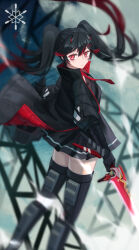 Rule 34 | 0x4682b4, 1girl, black dress, black hair, black jacket, dress, gradient hair, hair between eyes, hair ornament, highres, holding, holding sword, holding weapon, jacket, long hair, lucia: plume (punishing: gray raven), lucia (punishing: gray raven), mechanical arms, mechanical legs, multicolored hair, necktie, punishing: gray raven, red eyes, red jacket, red necktie, short dress, small horns, solo, streaked hair, sword, twintails, two-sided fabric, two-sided jacket, weapon, x hair ornament