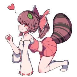 Rule 34 | absurdres, bare shoulders, bow, brown eyes, brown hair, cosplay, detached sleeves, frilled bow, frills, futatsuiwa mamizou, hair bow, hair ornament, hair tubes, hakurei reimu, hakurei reimu (cosplay), heart, hh, highres, japanese clothes, leaf, leaf hair ornament, leaf on head, long hair, looking at viewer, midriff, miko, navel, no shoes, nontraditional miko, ponytail, raccoon tail, red bow, red shirt, red skirt, ribbon-trimmed sleeves, ribbon trim, sarashi, shirt, sidelocks, simple background, skirt, skirt set, smile, socks, tail, touhou, white background, white legwear, wide sleeves