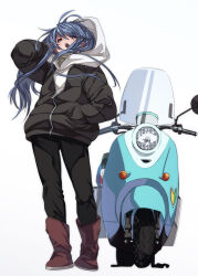Rule 34 | 1girl, black jacket, black pants, blue hair, boots, brown footwear, commentary request, fu-ta, full body, gradient background, grey background, hand in pocket, hood, hooded jacket, jacket, long hair, looking at viewer, motor vehicle, motorcycle, open mouth, pants, purple eyes, shima rin, solo, standing, yurucamp