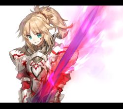 Rule 34 | 1girl, armor, blonde hair, chocoan, clarent (fate), fate/apocrypha, fate (series), green eyes, high ponytail, letterboxed, long hair, mordred (fate), mordred (fate/apocrypha), ponytail, smile, solo, sword, weapon