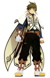 Rule 34 | 10s, 1boy, boots, brown hair, cape, earrings, feather earrings, feathers, fingerless gloves, full body, gloves, green eyes, highres, holding, holding weapon, jewelry, looking to the side, male focus, official art, pants, short hair, simple background, smile, solo, sorey (tales), tales of (series), tales of zestiria, weapon, white background, white gloves