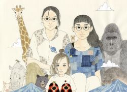 Rule 34 | 3girls, age difference, awai880, bear, bird, black hair, brown hair, brown pants, child, cloud, collared shirt, commentary request, earrings, frog, giraffe, glasses, gorilla, hippopotamus, jewelry, long hair, looking at viewer, multiple girls, pants, pig, planetary ring, real life, rhinoceros, shirt, short sleeves, signature, white shirt