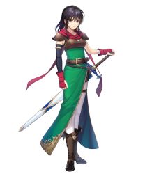 Rule 34 | 1girl, armor, belt, belt pouch, black hair, boots, breastplate, brown footwear, dress, earrings, fingerless gloves, fire emblem, fire emblem: thracia 776, fire emblem heroes, full body, gloves, green dress, highres, jewelry, mareeta (fire emblem), nintendo, official art, pants, pouch, red scarf, scarf, sheath, sheathed, shoulder armor, sleeveless, solo, standing, sword, thigh strap, transparent background, weapon, white pants