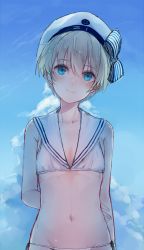 Rule 34 | 1girl, af-helen, bikini, blonde hair, blue eyes, blue sky, blush, bow, breasts, clothes writing, cloud, cosplay, day, hat, highres, kantai collection, looking at viewer, navel, sailor bikini, sailor collar, sailor hat, short hair, sky, small breasts, smile, solo, striped, striped bow, swimsuit, white bikini, white hair, white hat, z1 leberecht maass (kancolle), z3 max schultz (kancolle), z3 max schultz (kancolle) (cosplay)