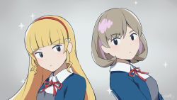 Rule 34 | 2girls, blonde hair, blue jacket, brown hair, closed mouth, collared shirt, dress, grey background, grey dress, hairband, heanna sumire, highres, jacket, langbazi, looking at viewer, love live!, love live! superstar!!, multiple girls, neck ribbon, open clothes, open jacket, red hairband, red ribbon, ribbon, shirt, simple background, sparkle, tang keke, upper body, v-shaped eyebrows, white shirt