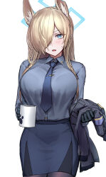 Rule 34 | 1girl, absurdres, animal ears, black gloves, black jacket, blonde hair, blue archive, blue eyes, blue halo, blue necktie, blue shirt, blue skirt, blush, breasts, cup, dog ears, gloves, hair over one eye, halo, highres, holding, holding clothes, holding cup, holding jacket, jacket, kanna (blue archive), large breasts, long hair, looking at viewer, monegi, necktie, open mouth, pantyhose, purple skirt, shirt, skirt, solo, white background