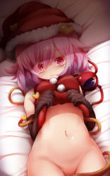 Rule 34 | 1girl, alternate costume, bad id, bad pixiv id, bed sheet, black gloves, bottomless, breasts, closed mouth, elbow gloves, gloves, hagure kedama, hat, heart, indoors, komeiji satori, lifted by self, looking at viewer, lying, medium breasts, navel, no pussy, on back, pink eyes, pink hair, pom pom (clothes), red hat, santa costume, santa hat, shadow, solo, stomach, thighhighs, touhou