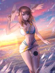 Rule 34 | 1girl, bare arms, bare shoulders, blue eyes, breasts, chest tattoo, choker, cleavage, cowboy shot, eunie (xenoblade), frilled skirt, frills, hand up, head wings, highres, large breasts, light brown hair, looking at viewer, medium hair, moonllita, ocean, open mouth, skirt, solo, sunset, swimsuit, tattoo, white choker, wings, xenoblade chronicles (series), xenoblade chronicles 3