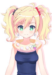 Rule 34 | 10s, 1girl, ahoge, blonde hair, blue dress, blush, bow, chitose haru, closed mouth, commentary request, derivative work, dress, earrings, fur collar, green eyes, hair between eyes, hair bow, jewelry, lightning bolt earrings, lightning bolt symbol, long hair, ongaku shoujo, red bow, sleeveless, sleeveless dress, smile, solo, star (symbol), twintails, white background, yutsuki warabi