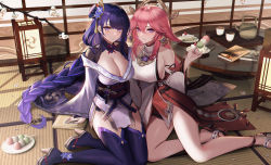Rule 34 | 2girls, absurdres, anklet, bare legs, bare shoulders, blush, book, braid, breasts, bridal gauntlets, cake, cake slice, cleavage, closed mouth, commentary request, cup, dango, detached sleeves, eternity (shadeh), food, fork, genshin impact, hair between eyes, high heels, highres, holding, holding food, indoors, japanese clothes, jewelry, kimono, large breasts, long hair, long sleeves, mole, mole under eye, multiple girls, nail polish, off shoulder, pink hair, plate, purple eyes, purple hair, purple kimono, purple legwear, purple nails, raiden shogun, red nails, sandals, sideboob, smile, teapot, thighhighs, very long hair, wagashi, wide sleeves, yae miko