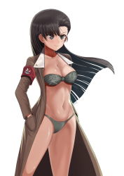 Rule 34 | 1girl, absurdres, armband, artist name, black bra, black eyes, black hair, black nails, black panties, blunt ends, bra, breasts, brown coat, chi-hatan (emblem), cleavage, closed mouth, coat, emblem, girls und panzer, highres, insignia, long hair, looking to the side, medium breasts, medium hair, nail polish, navel, nishi kinuyo, open clothes, open coat, panties, signature, simple background, skindentation, smile, solo, standing, star (symbol), straight hair, translated, underwear, white background, wind, ydg (eorbsaos1004)