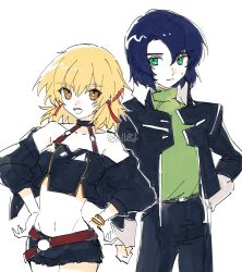 Rule 34 | 1boy, 1girl, athrun zala, bare shoulders, belt, black jacket, black shorts, blonde hair, blue hair, breasts, cagalli yula athha, couple, crop top, cropped shirt, green eyes, gundam, gundam seed, gundam seed destiny, gundam seed freedom, hair ornament, hands on own hips, highres, jacket, jewelry, looking at viewer, midriff, navel, open mouth, pants, s110d, shirt, short hair, short shorts, shorts, sleeveless, small breasts, smile, stomach, tank top, yellow eyes