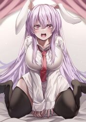 Rule 34 | 1girl, absurdres, alternate breast size, animal ears, black thighhighs, blush, breasts, hair between eyes, highres, large breasts, long hair, long sleeves, looking at viewer, mahoro (minase mahoro), necktie, open mouth, pink hair, pink nails, purple hair, rabbit ears, red eyes, red necktie, reisen udongein inaba, shirt, sitting, solo, thick thighs, thighhighs, thighs, touhou, very long hair, wariza, white shirt