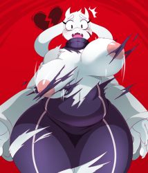 Rule 34 | 1girl, animal ears, bouncing breasts, breasts, broken heart, claws, dress, eric lowery, fangs, furry, goat ears, goat girl, heart, highres, horns, large breasts, looking at viewer, nipples, plump, red background, scar, tears, thick thighs, thighs, tobyfox, toriel, torn clothes, torn dress, undertale, wide hips