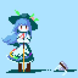 Rule 34 | 1girl, apron, black hat, blue background, blue hair, boots, brown footwear, full body, hair ornament, hat, hinanawi tenshi, james at pi (fuwafuwacatgirl), leaf hair ornament, long hair, looking at viewer, peach hat ornament, pixel art, rainbow order, red eyes, rope, shide, shimenawa, short sleeves, simple background, skirt, solid oval eyes, solo, standing, sword of hisou, touhou, waist apron