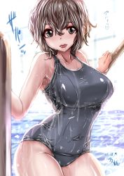 Rule 34 | 1girl, black eyes, black hair, breasts, curvy, female focus, highres, large breasts, looking at viewer, old school swimsuit, one-piece swimsuit, open mouth, original, pool, school swimsuit, short hair, smile, solo, souryu, swimsuit, tongue, water, wet, wet clothes, wet swimsuit, wide hips