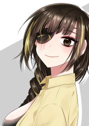 Rule 34 | 1girl, bad id, bad twitter id, black eyes, blonde hair, braid, breasts, brown hair, closed mouth, collared shirt, commentary request, eyebrows, eyelashes, eyepatch, eyes visible through hair, from side, girls&#039; frontline, grey background, highres, large breasts, light smile, long hair, looking at viewer, looking to the side, m16a1 (girls&#039; frontline), mole, mole under eye, multicolored hair, scar, shirt, simya, single braid, solo, streaked hair, upper body, white background, yellow shirt