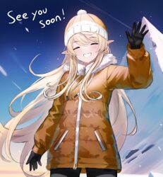Rule 34 | 1girl, absurdres, baguette (baguettech), beanie, black gloves, black pants, blonde hair, brown jacket, closed eyes, coat, commentary, english commentary, english text, facing viewer, fur-trimmed jacket, fur trim, gloves, hand up, hat, highres, jacket, long hair, long sleeves, nijisanji, nijisanji en, orange hat, outdoors, pants, pointy ears, pom pom (clothes), pom pom beanie, pomu rainpuff, sidelocks, smile, solo, upper body, very long hair, virtual youtuber, winter clothes, winter coat