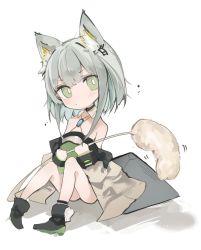 Rule 34 | 1girl, :o, aged down, animal ear fluff, animal ears, arknights, bare shoulders, black footwear, blush, boots, cattail, dress, full body, green dress, green eyes, grey hair, grey jacket, hair between eyes, head tilt, holding, jacket, kal&#039;tsit (arknights), long sleeves, looking at viewer, mikozin, off-shoulder jacket, off shoulder, parted lips, plant, puffy long sleeves, puffy sleeves, sitting, sleeves past wrists, solo, v-shaped eyebrows, white background